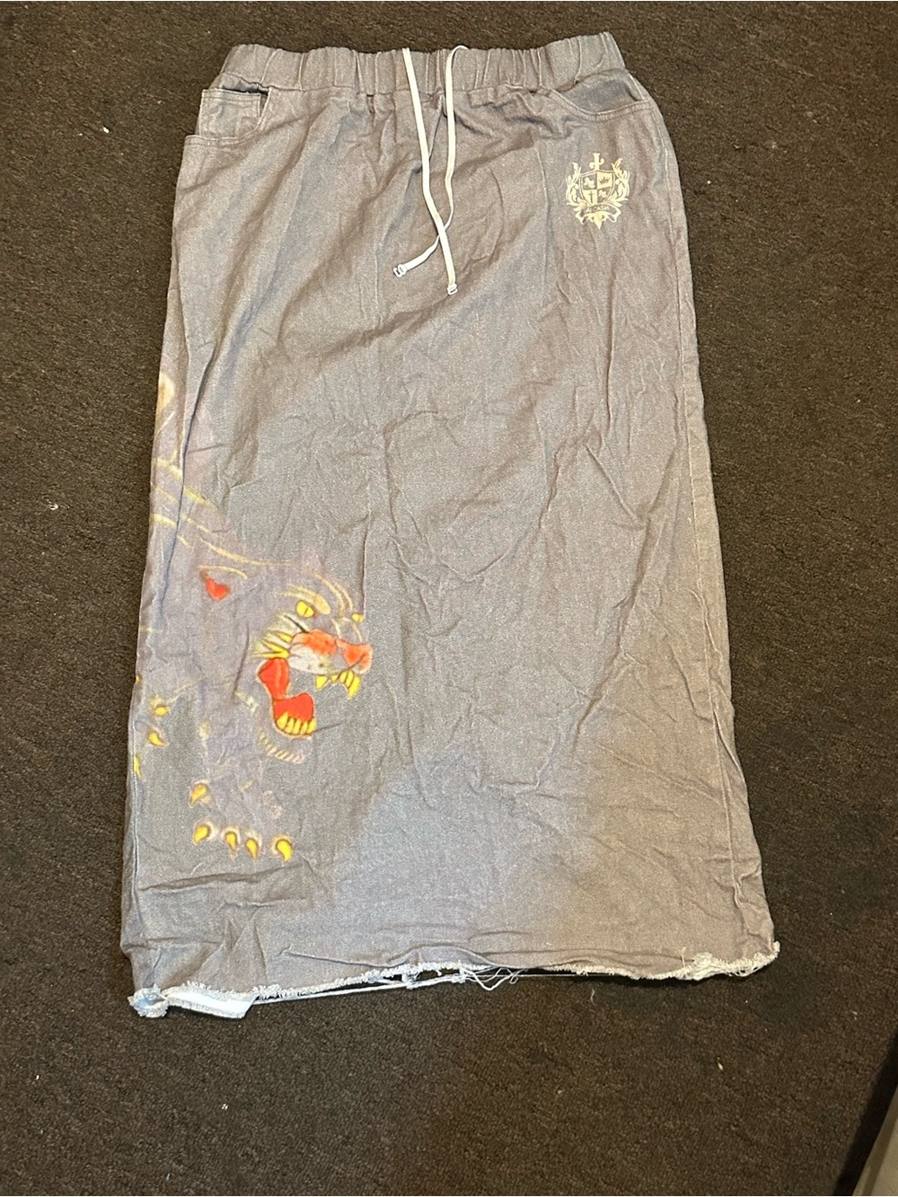 Gray Drawstring Midi Skirt with Tiger Print